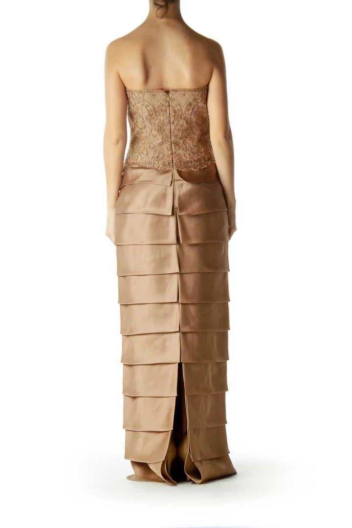 Brown Gold Lace Beaded Silk Evening Dress