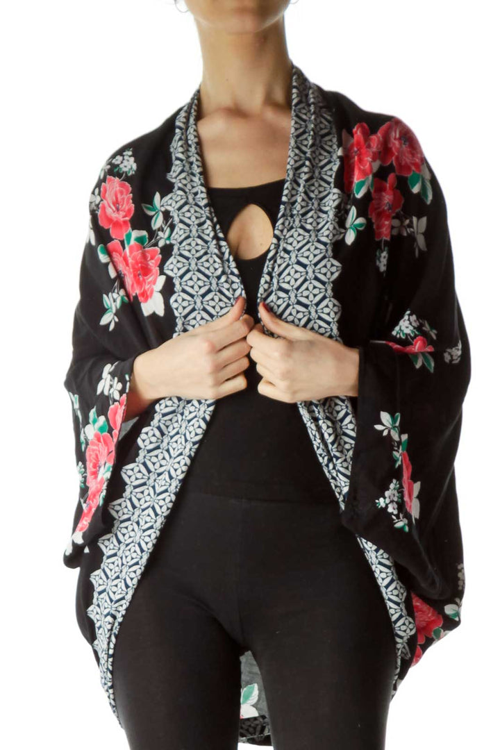 Black Bat-Sleeve Floral Printed Vest