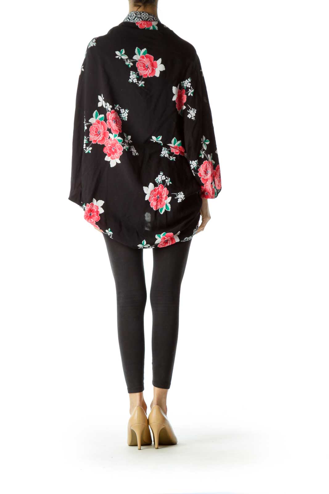 Black Bat-Sleeve Floral Printed Vest