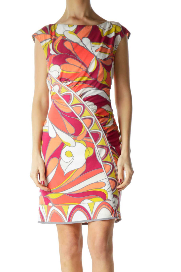 Orange Purple Print Scrunched Shift Dress