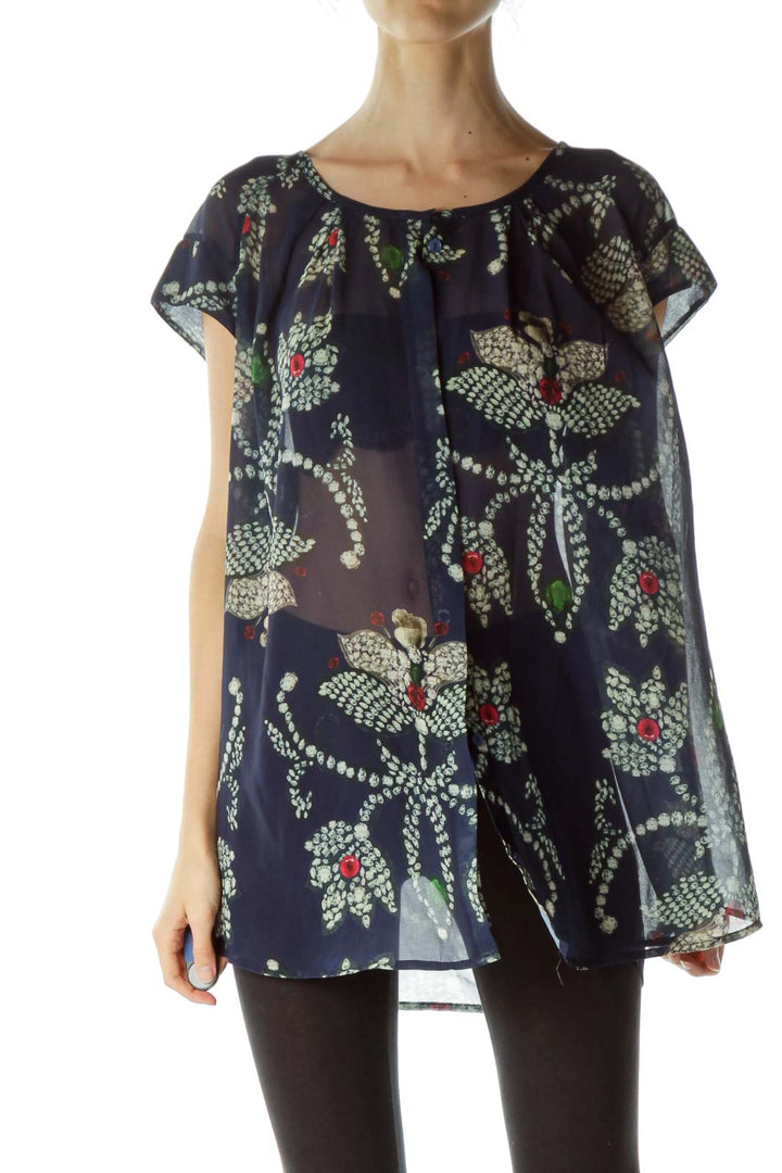 Blue Jewel Flower Print See Through Blouse