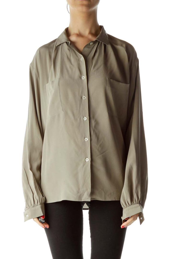 Gray 100% Silk Buttoned Shirt with Pockets