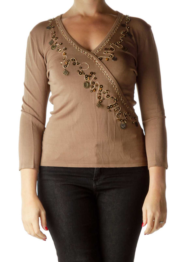 Brown Beaded Long Sleeve Top