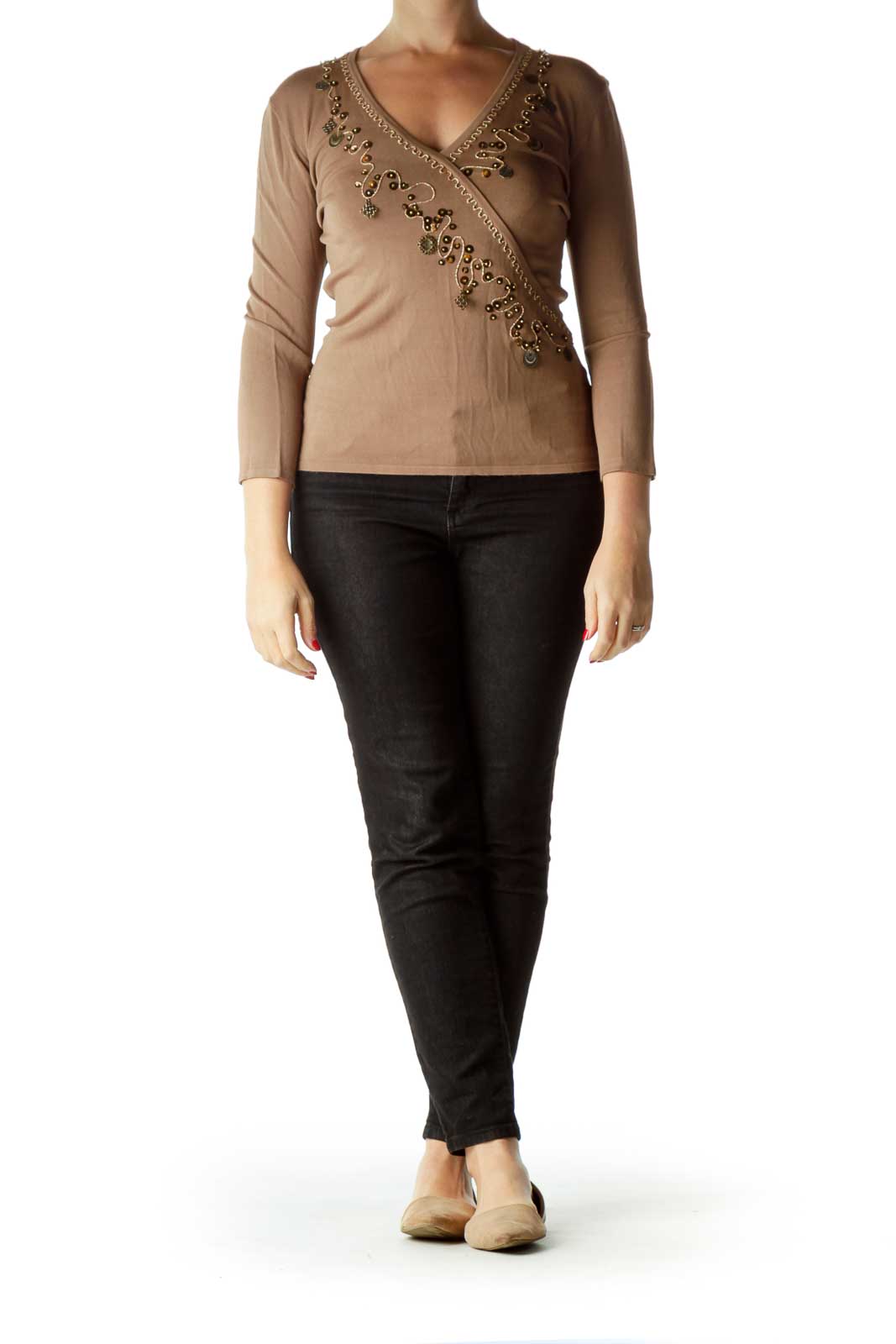 Brown Beaded Long Sleeve Top