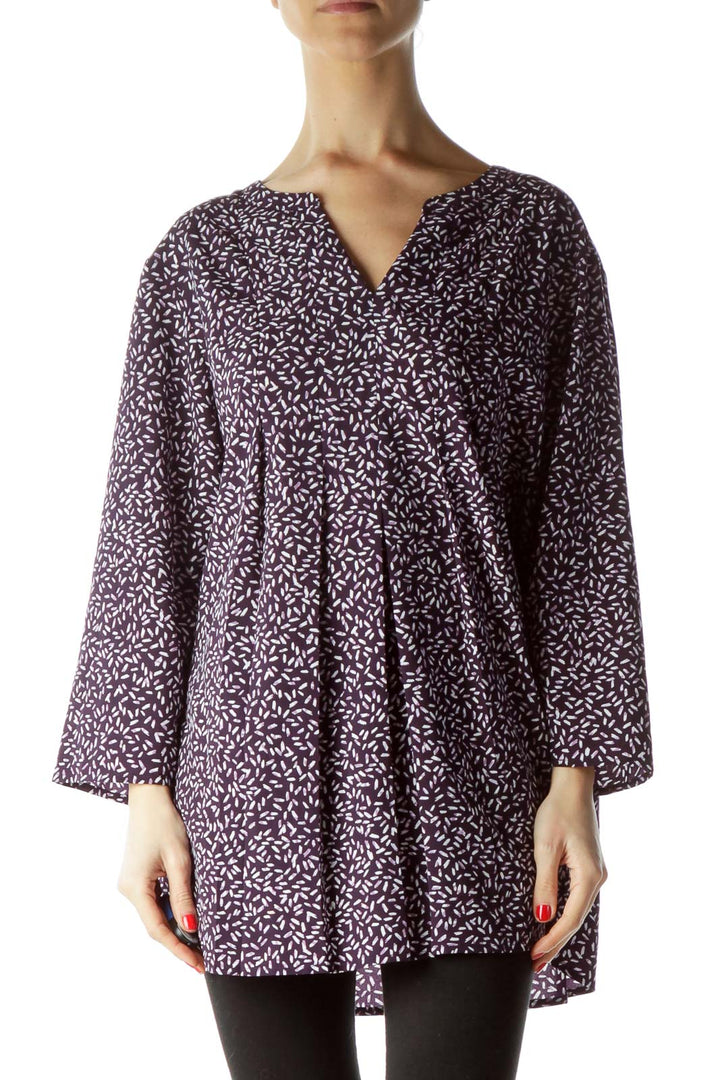 Purple Print 3/4 Sleeve Front Pleated Blouse