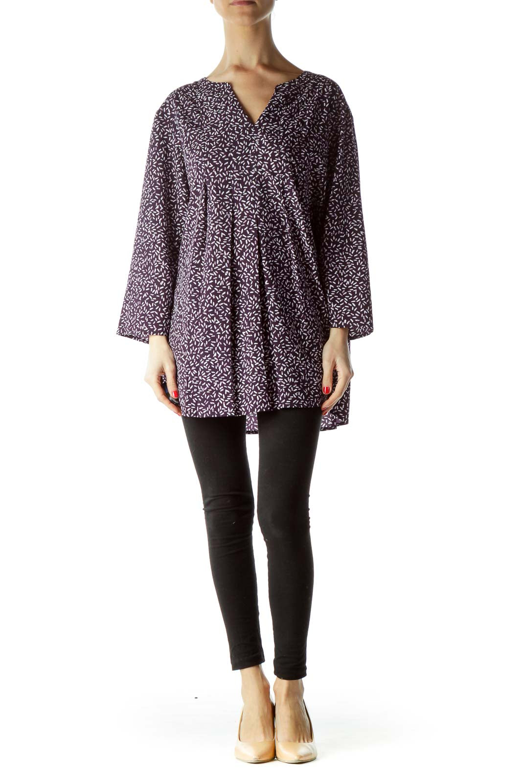 Purple Print 3/4 Sleeve Front Pleated Blouse