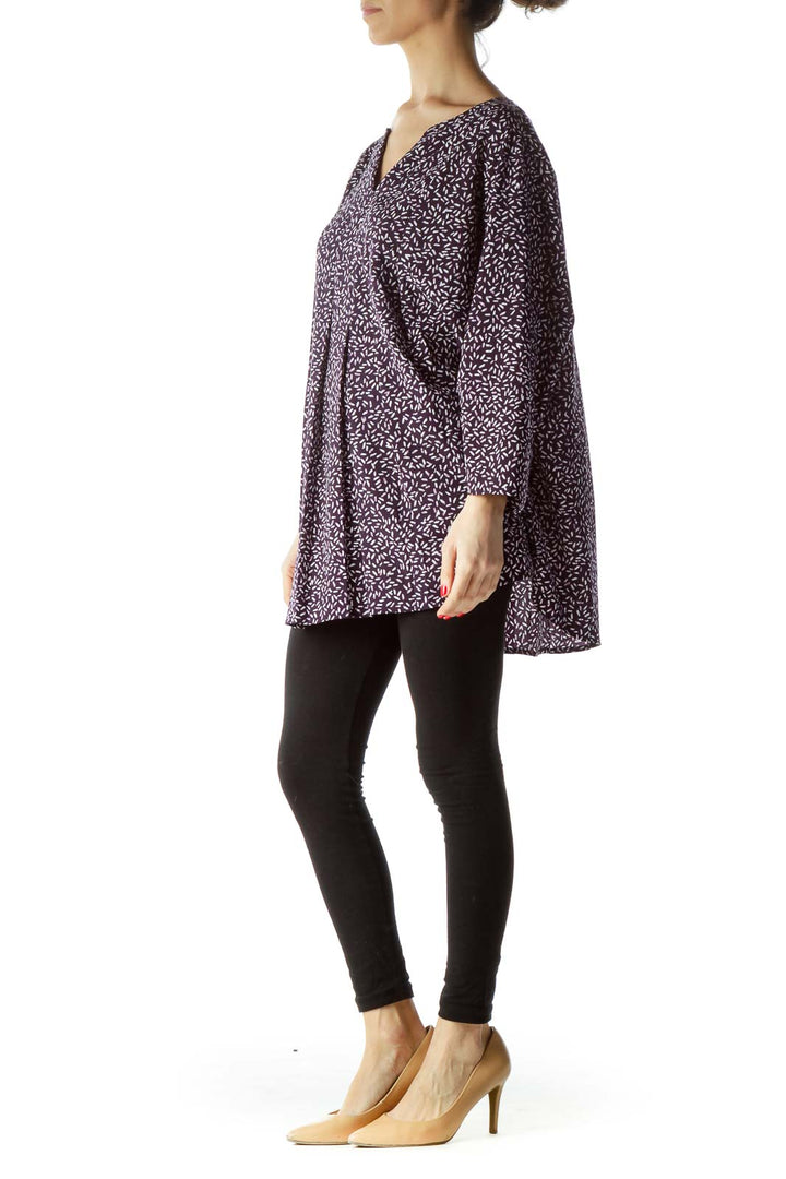 Purple Print 3/4 Sleeve Front Pleated Blouse