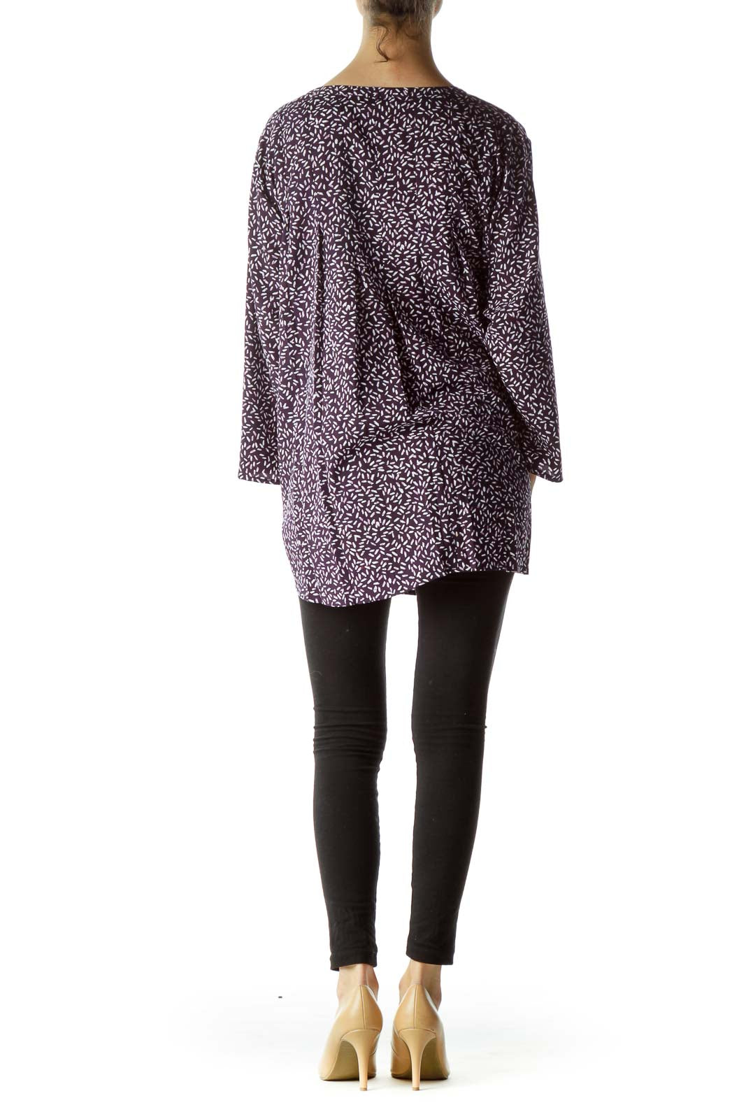 Purple Print 3/4 Sleeve Front Pleated Blouse