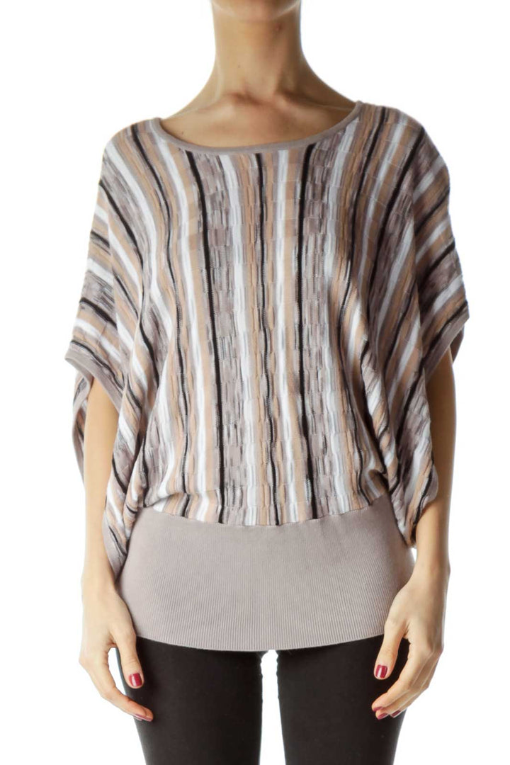 Beige White Striped Bat-Sleeve Knit Top