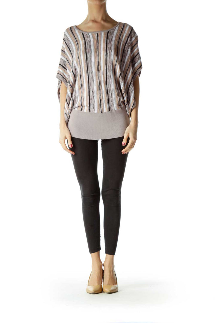 Beige White Striped Bat-Sleeve Knit Top