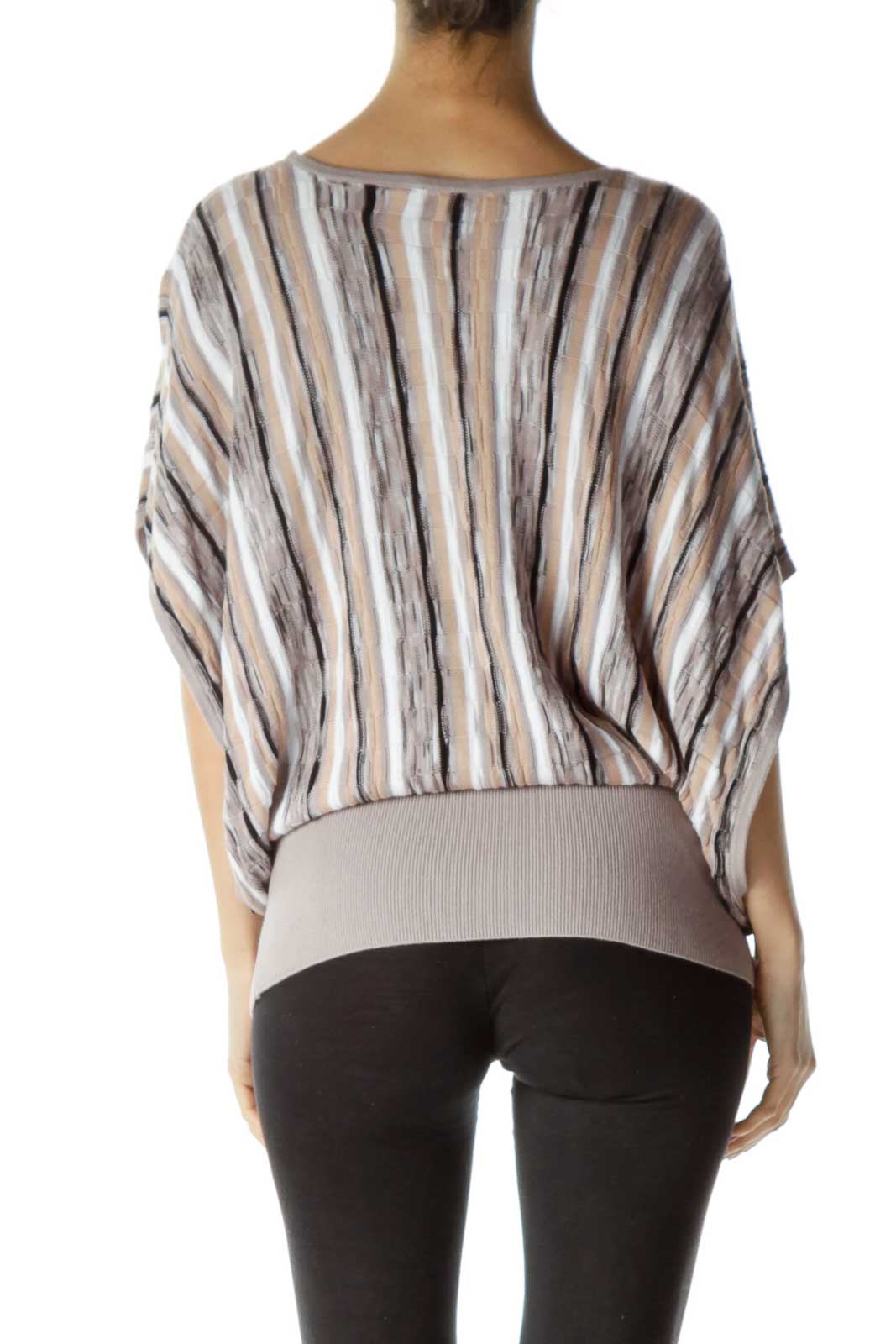 Beige White Striped Bat-Sleeve Knit Top