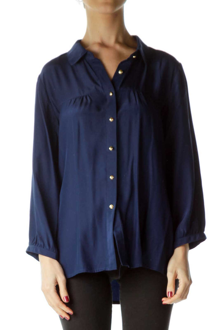 Navy Silk Gold Button Blouse