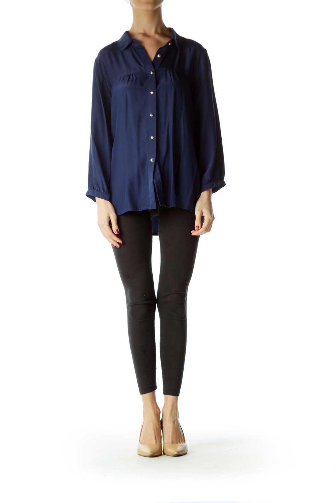 Navy Silk Gold Button Blouse