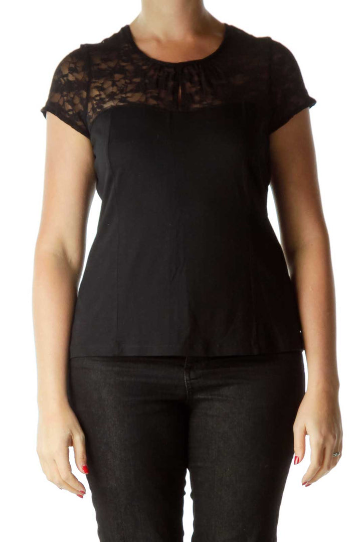 Black Lace Detail Short Sleeve Top