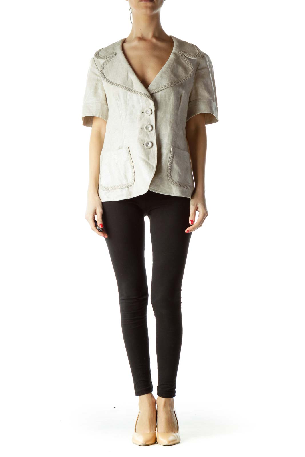 Cream Metallic 100% Linen Short Sleeve Blazer