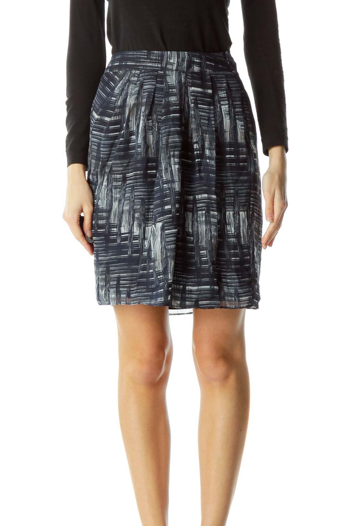 Blue White Gray Print Slitted Skirt