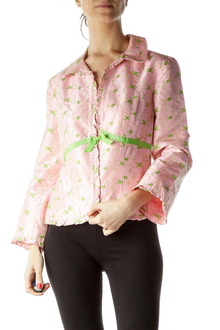 Pink Green Flower Knit Ruffle Detail Blazer