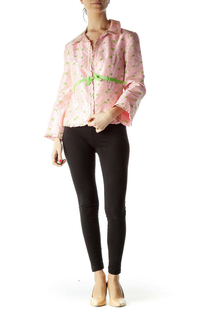 Pink Green Flower Knit Ruffle Detail Blazer