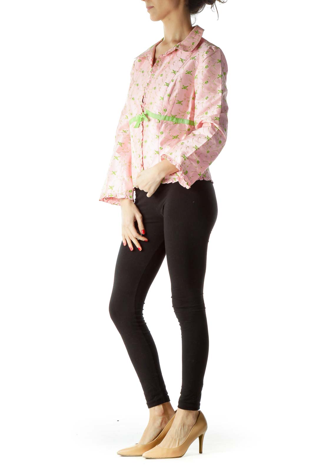 Pink Green Flower Knit Ruffle Detail Blazer