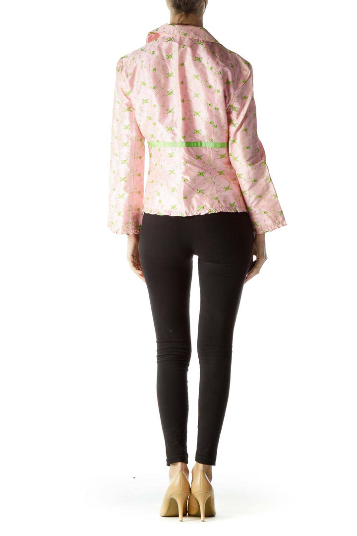 Pink Green Flower Knit Ruffle Detail Blazer