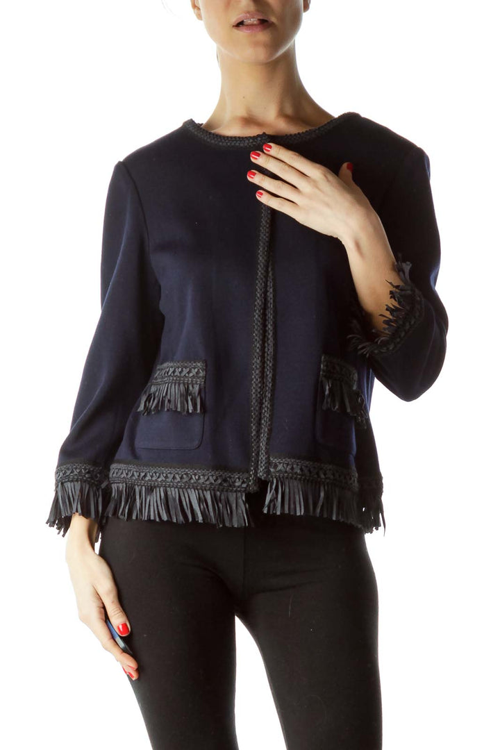 Blue Black Fringe Pocketed Knit Blazer