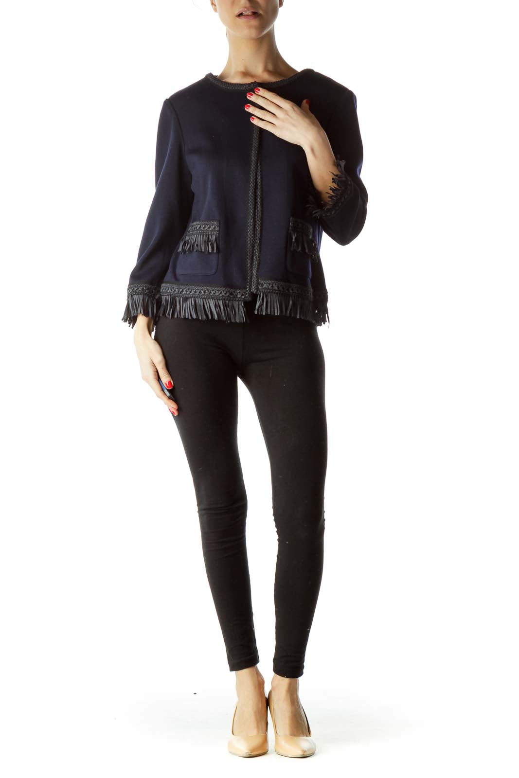 Blue Black Fringe Pocketed Knit Blazer