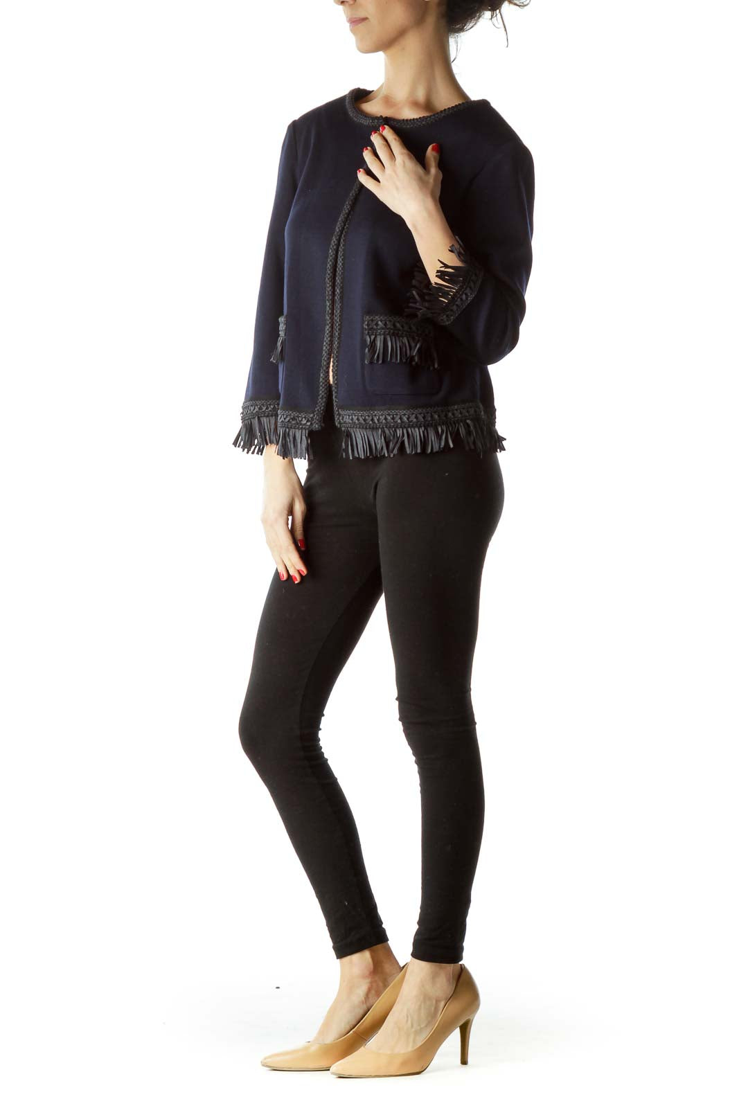 Blue Black Fringe Pocketed Knit Blazer