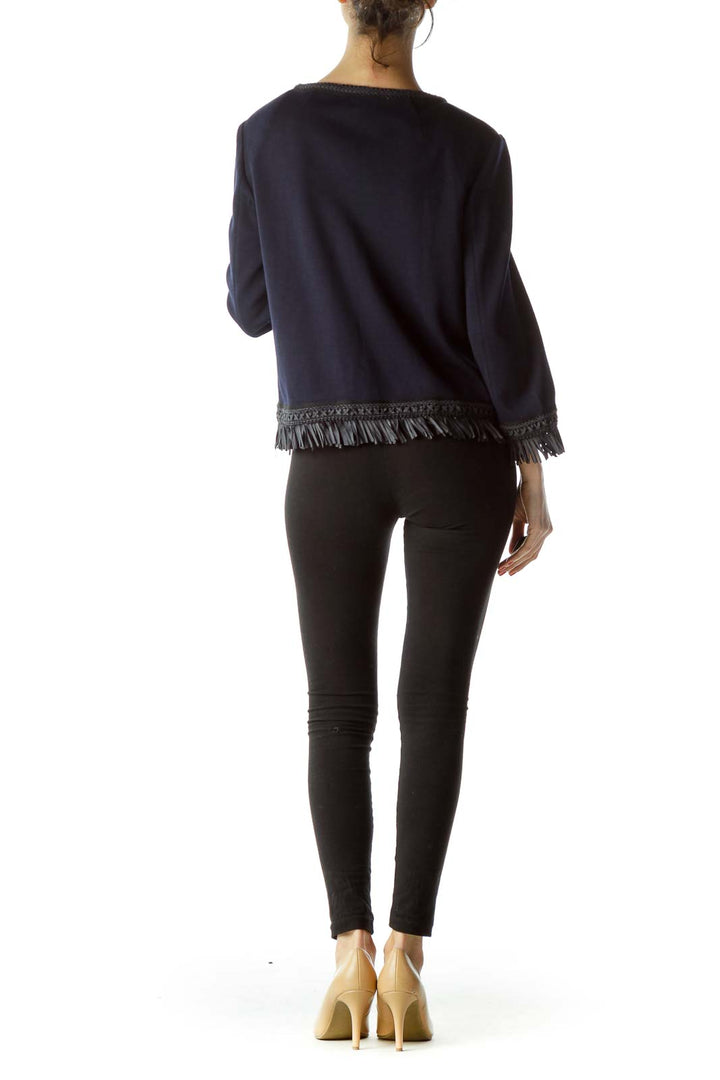 Blue Black Fringe Pocketed Knit Blazer