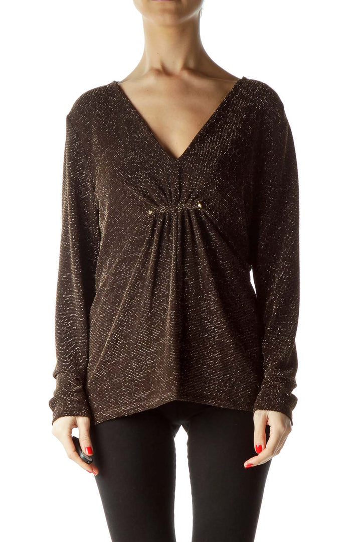 Brown Gold Metallic Long-Sleeve Blouse