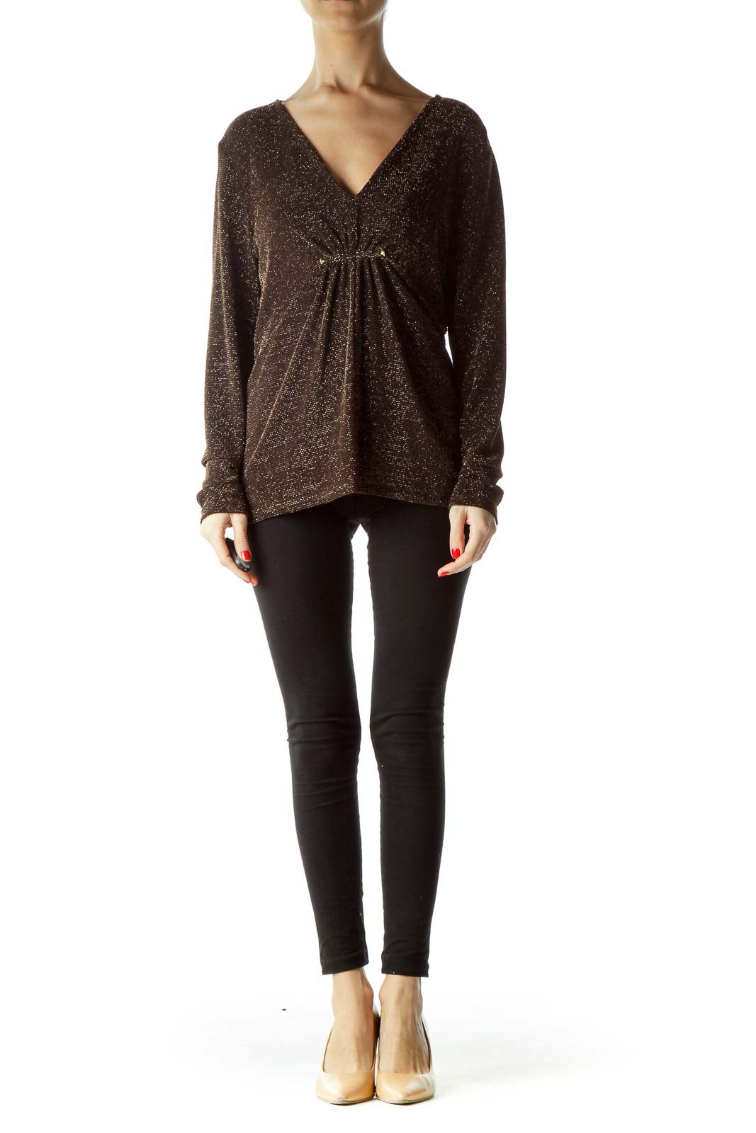 Brown Gold Metallic Long-Sleeve Blouse