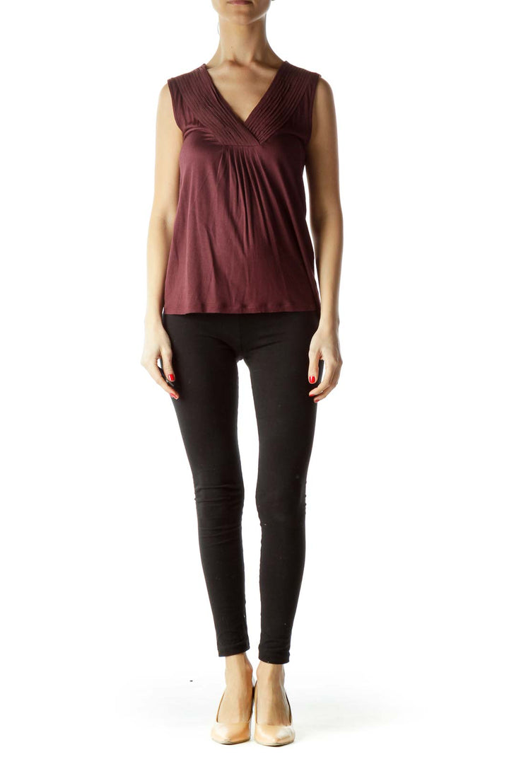 Burgundy V-Neck Sleeveless Blouse