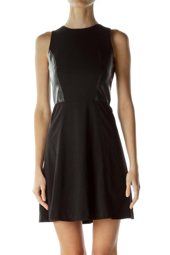 Black Faux-Leather Detail Day Cocktail Dress