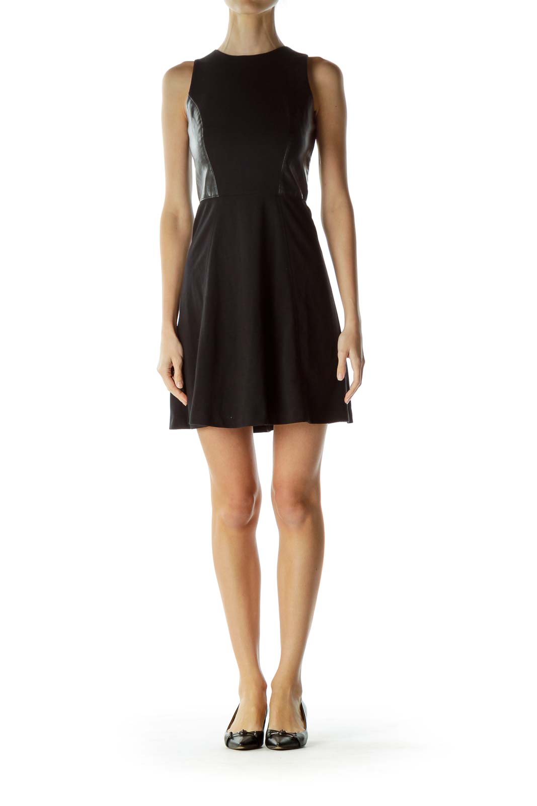 Black Faux-Leather Detail Day Cocktail Dress