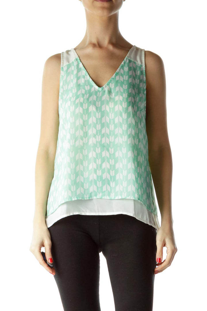 Green Cream Print Sleeveless Blouse