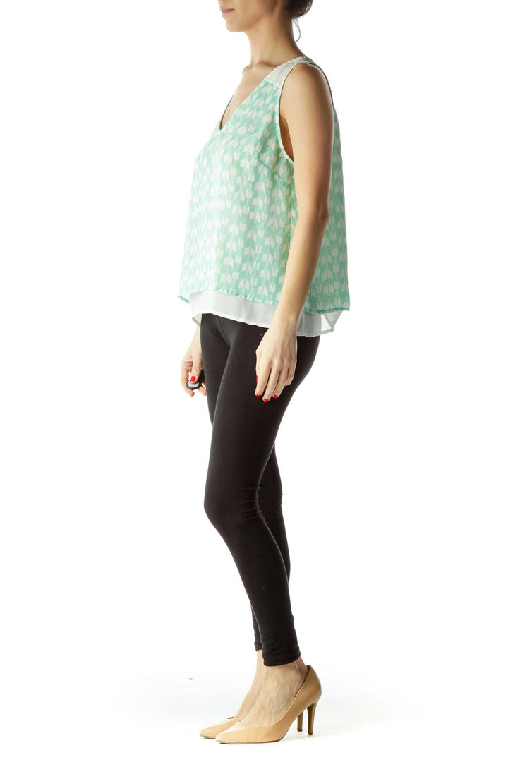 Green Cream Print Sleeveless Blouse