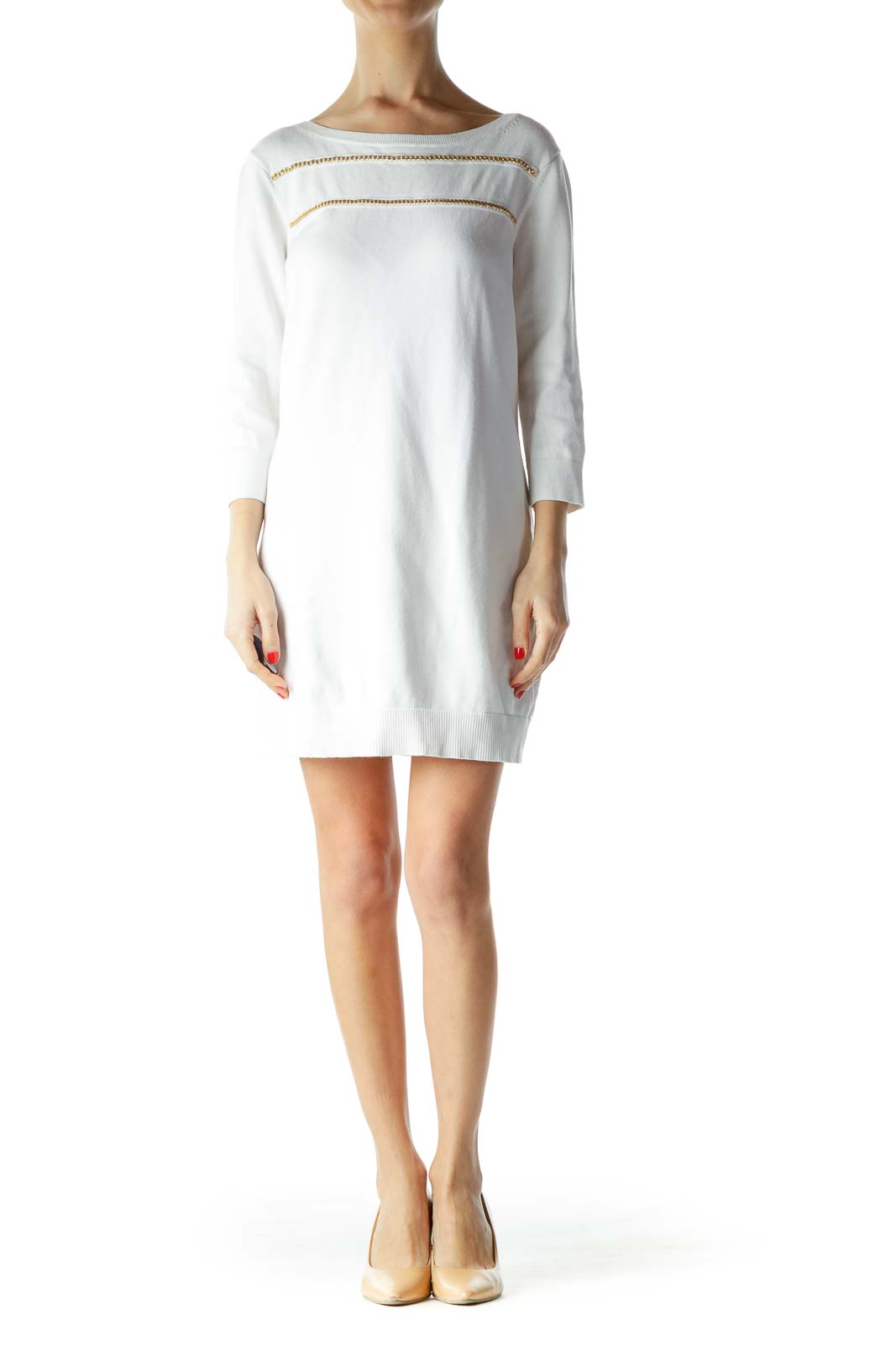 White Gold Chain 3/4 Sleeve Knit Dress