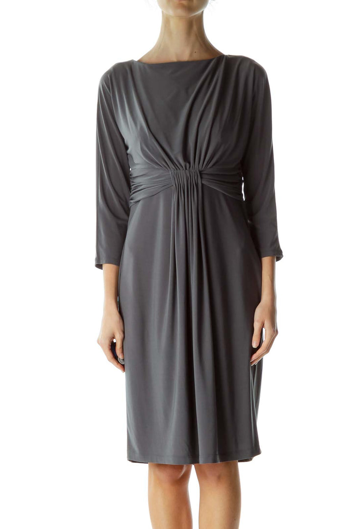 Gray Scrunch Waist Boat Neck Dress