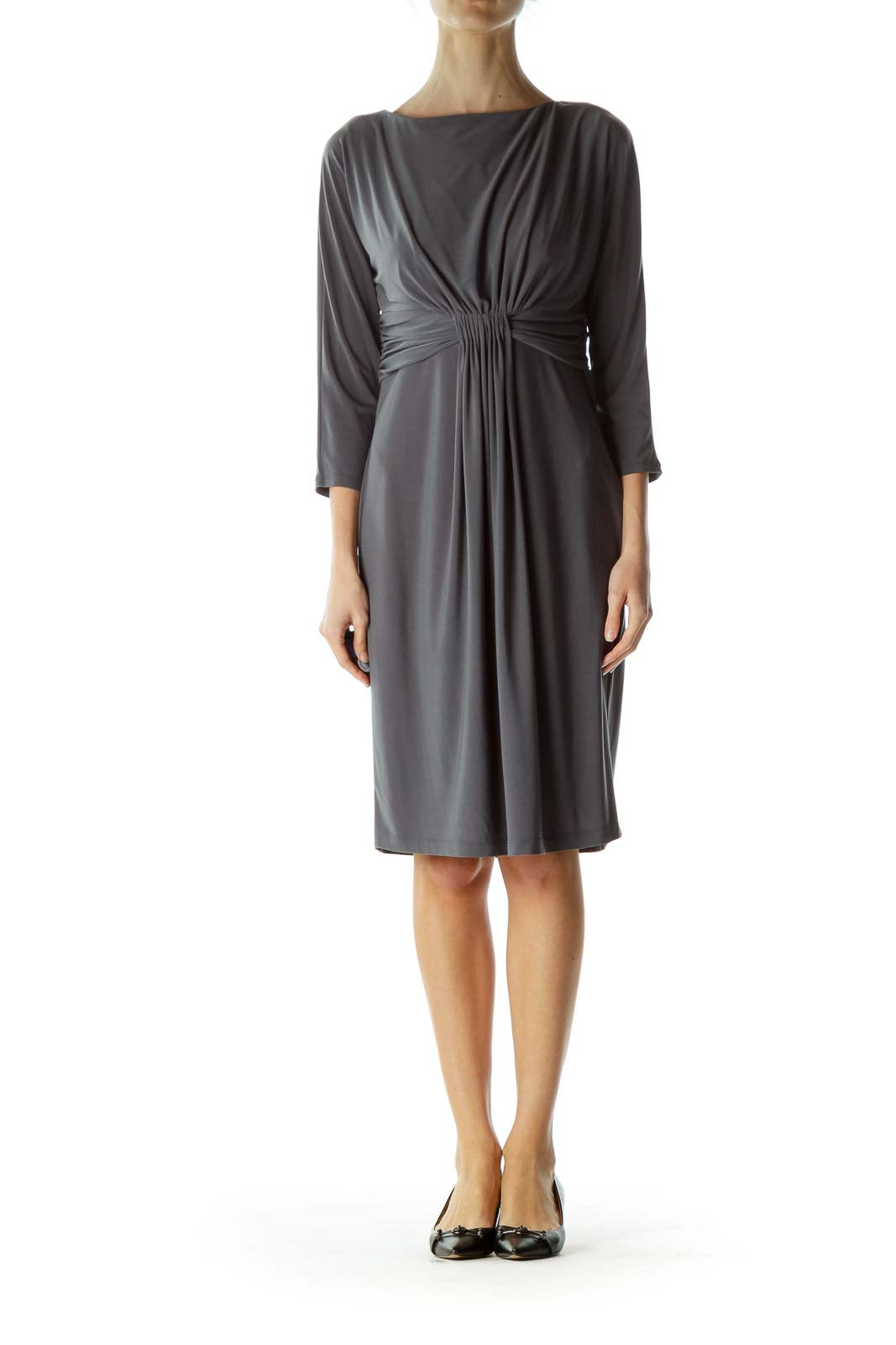 Gray Scrunch Waist Boat Neck Dress