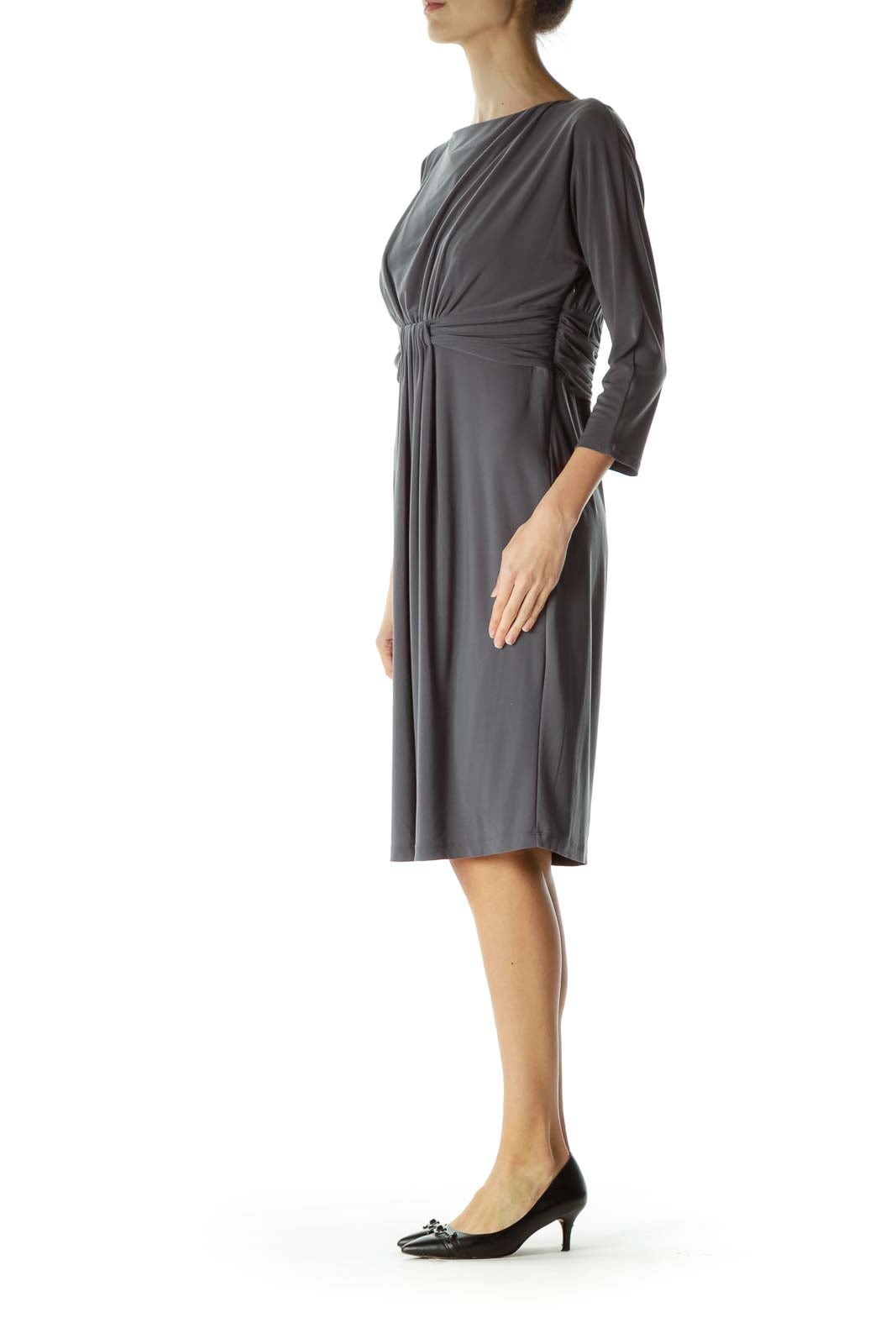 Gray Scrunch Waist Boat Neck Dress