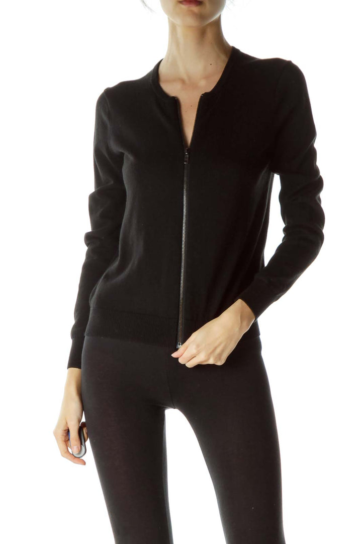 Black Zippered Round Neck Sweater