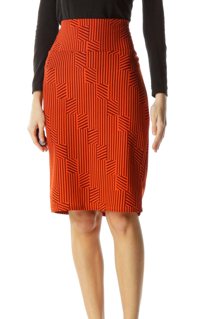 Orange Burgundy Geometric Print Pencil Skirt