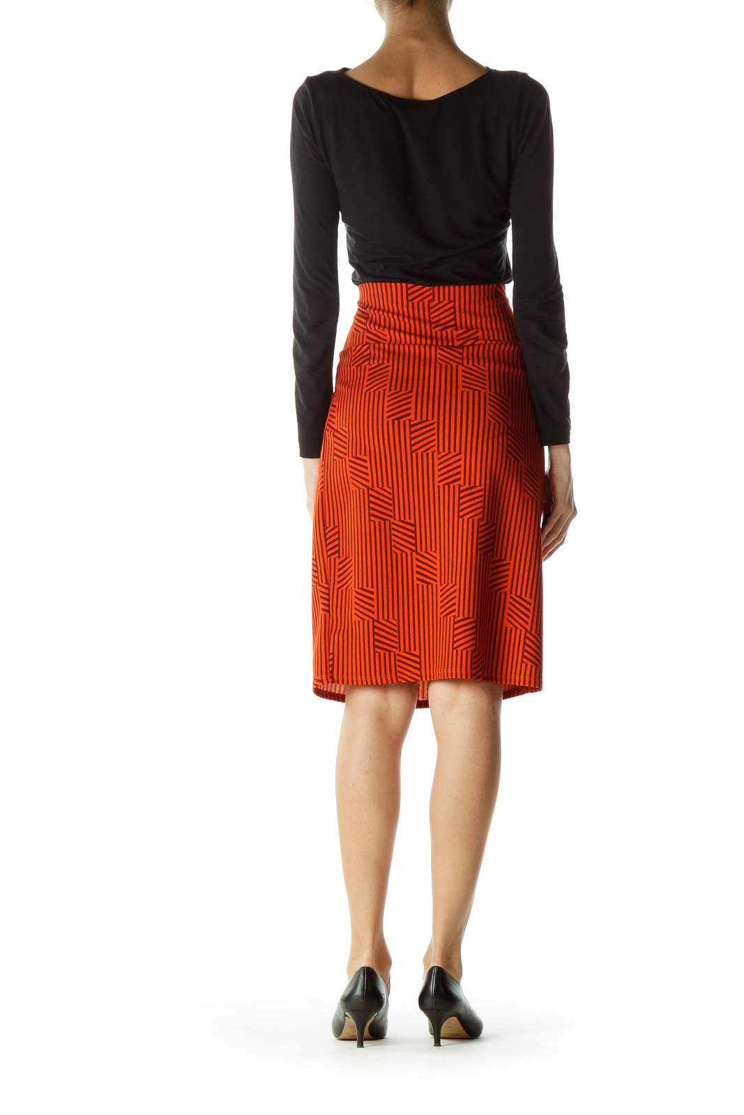 Orange Burgundy Geometric Print Pencil Skirt