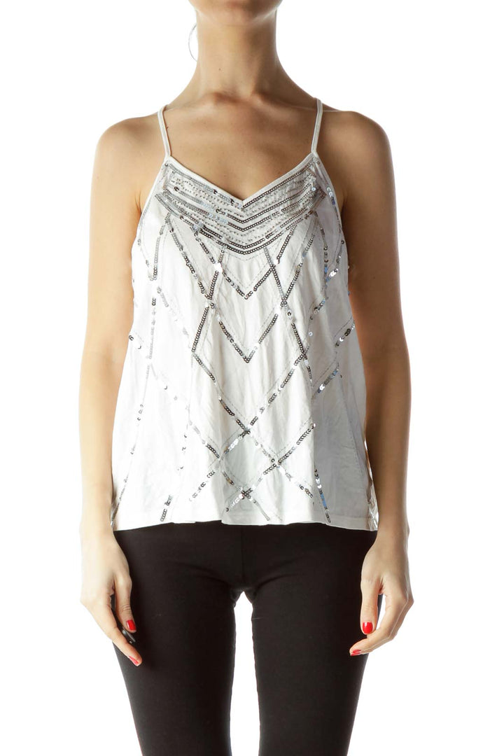 White Silver Sequined Halter Blouse