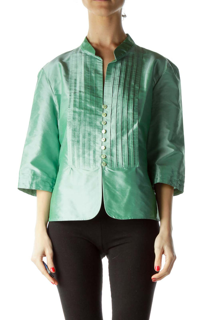 Green 100% Silk 3/4 Sleeve Pleated Blouse