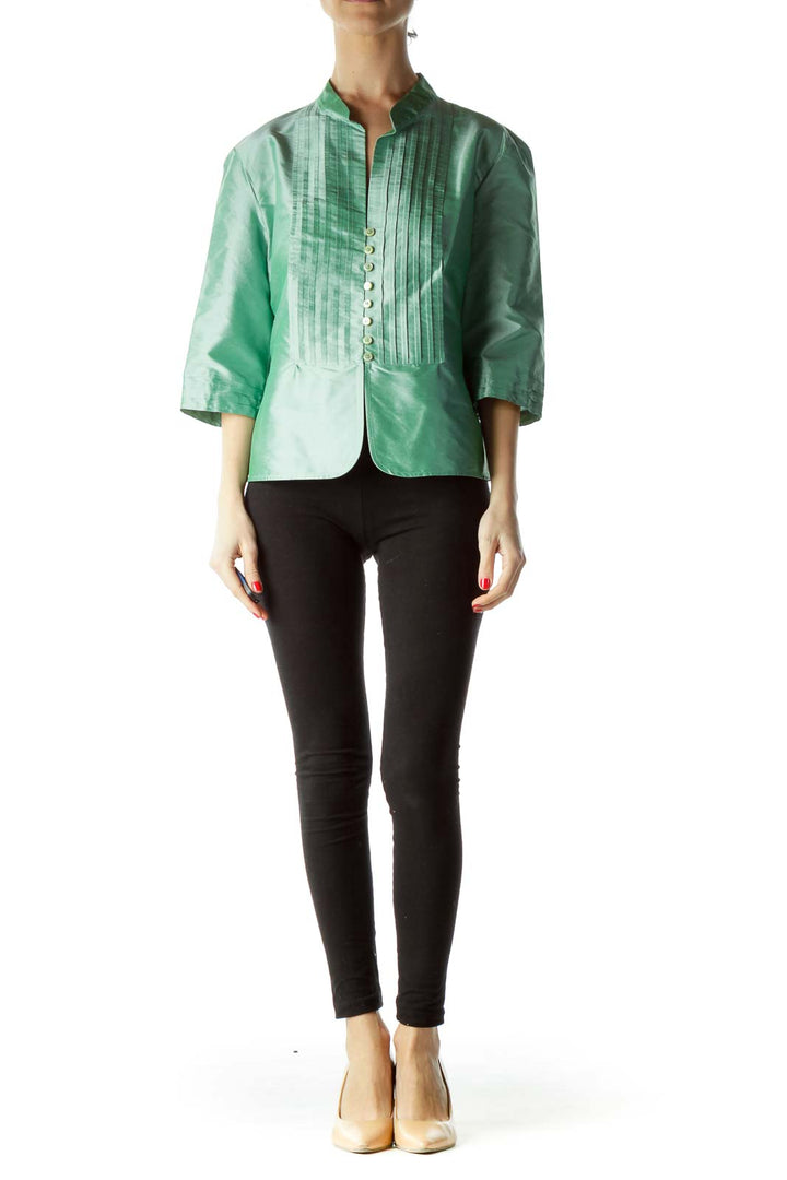 Green 100% Silk 3/4 Sleeve Pleated Blouse