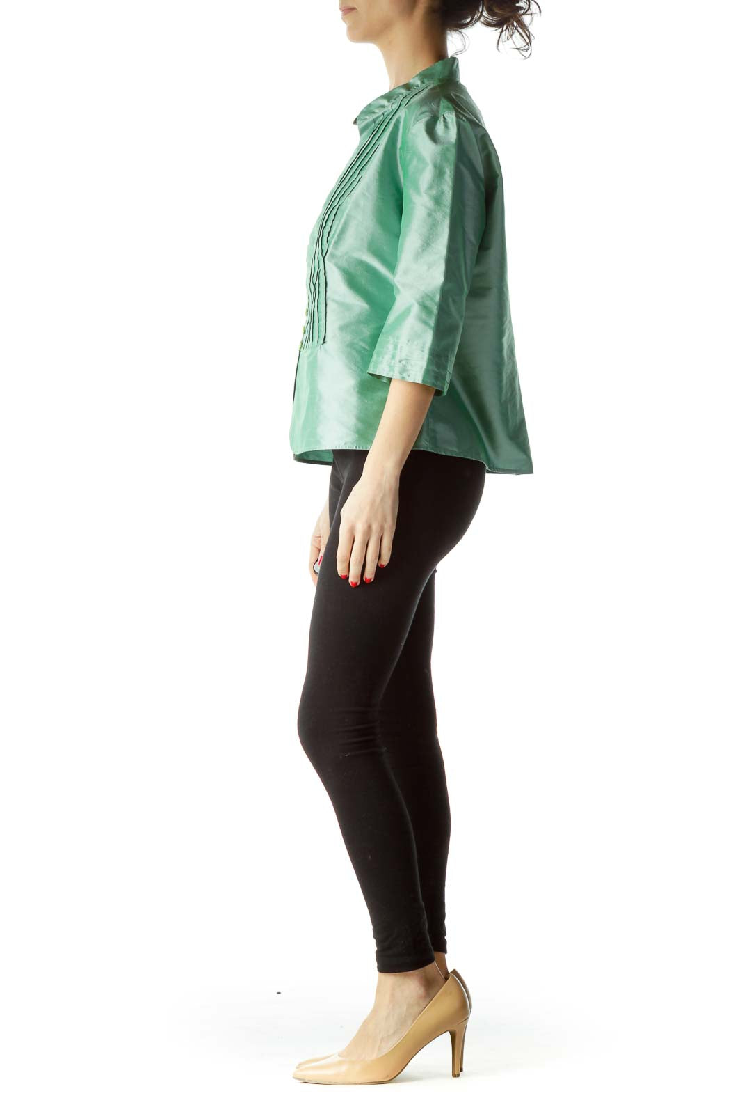 Green 100% Silk 3/4 Sleeve Pleated Blouse