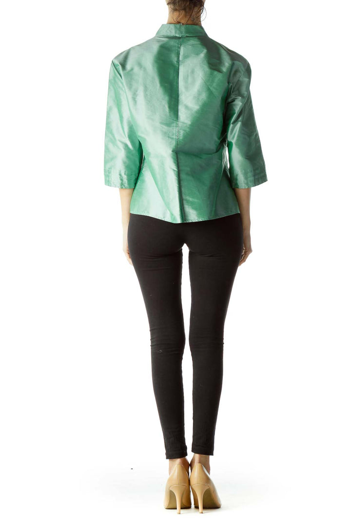 Green 100% Silk 3/4 Sleeve Pleated Blouse