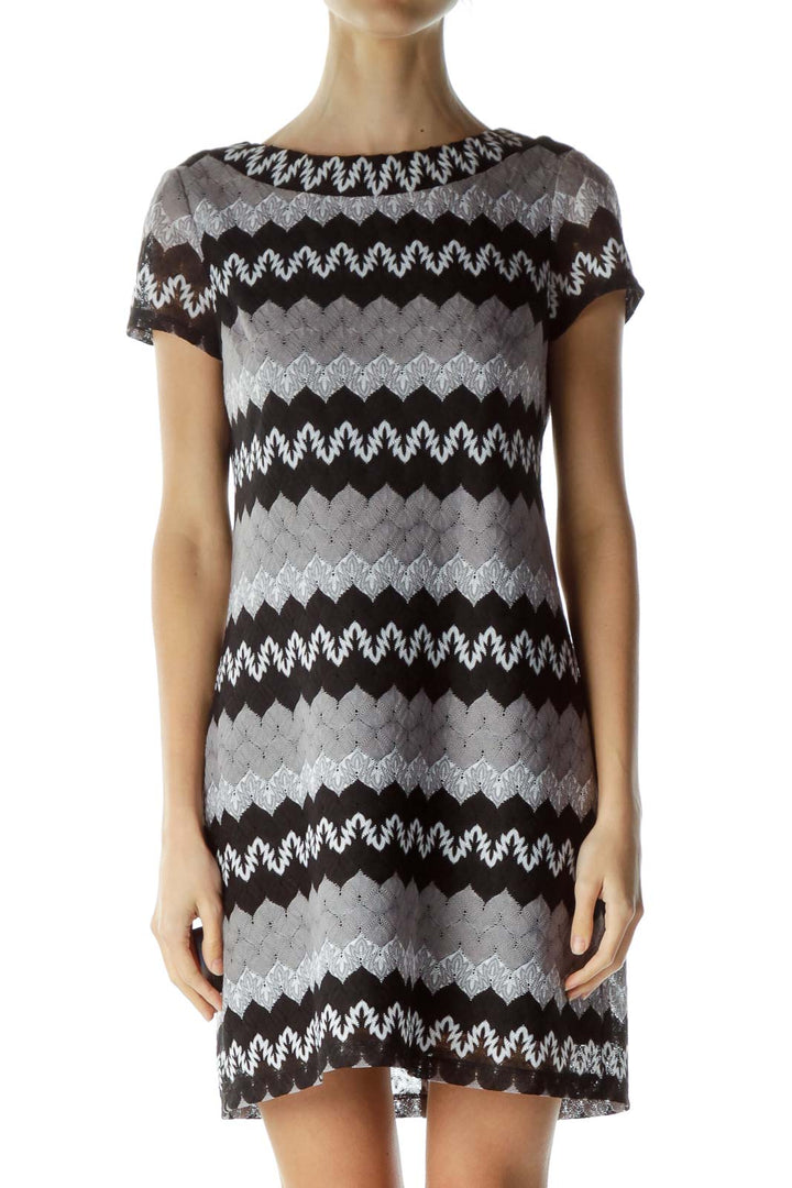 Black Gray Round Neck Zigzag Print Dress