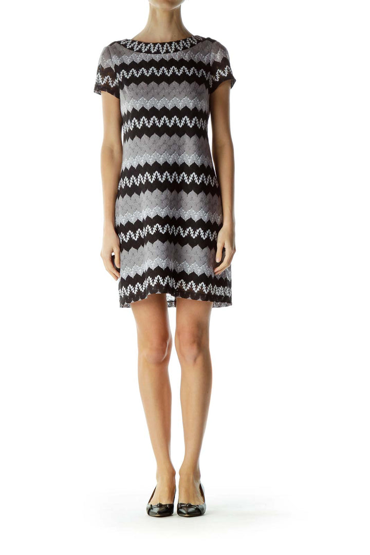 Black Gray Round Neck Zigzag Print Dress