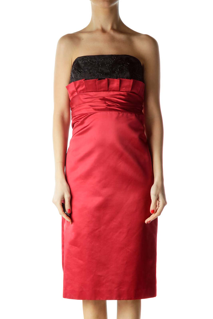 Red Black Beaded Silk Strapless Dress